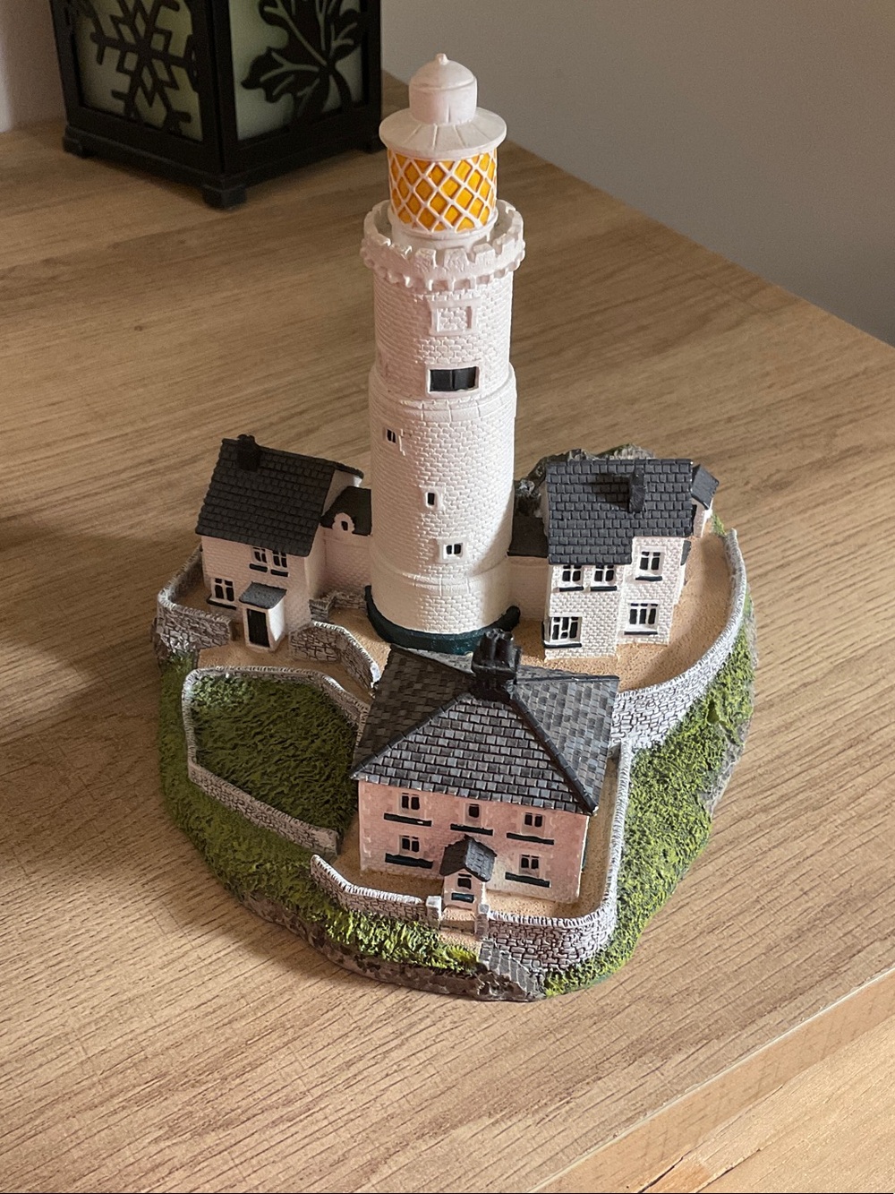 Danbury Mint White Lighthouse Figurine with Yellow Lantern and Green Base